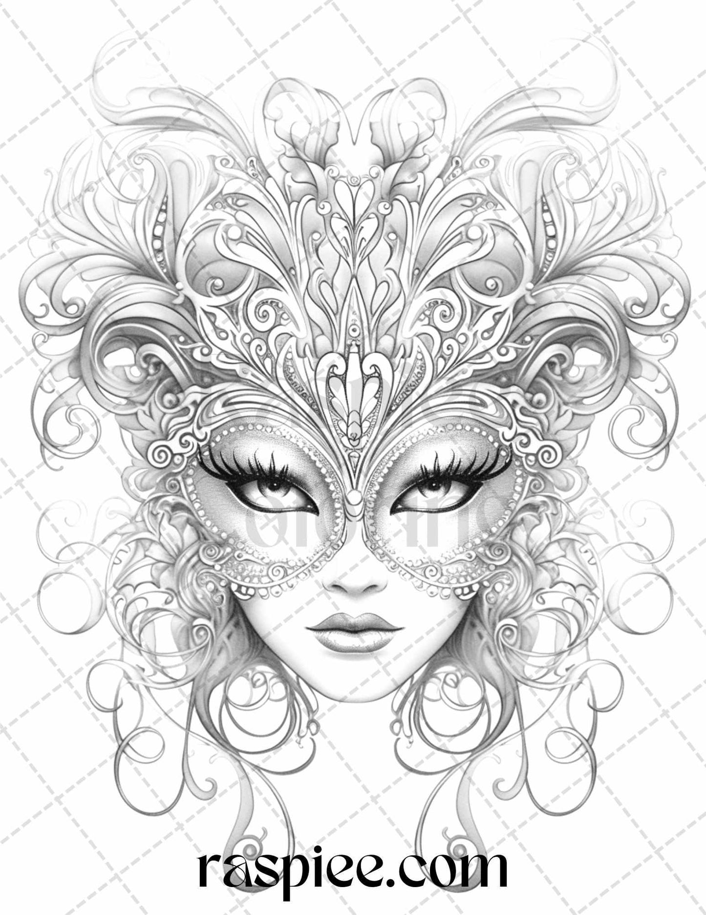 40 Masquerade Masks Grayscale Coloring Pages Printable for Adults, PDF File Instant Download