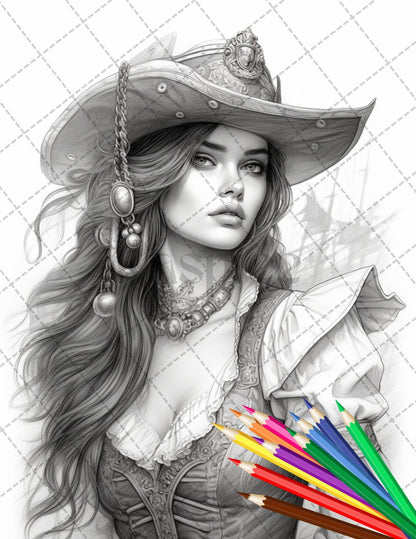 48 Beautiful Pirate Princess Coloring Book Printable for Adults, Grayscale Coloring Page, PDF File Instant Download