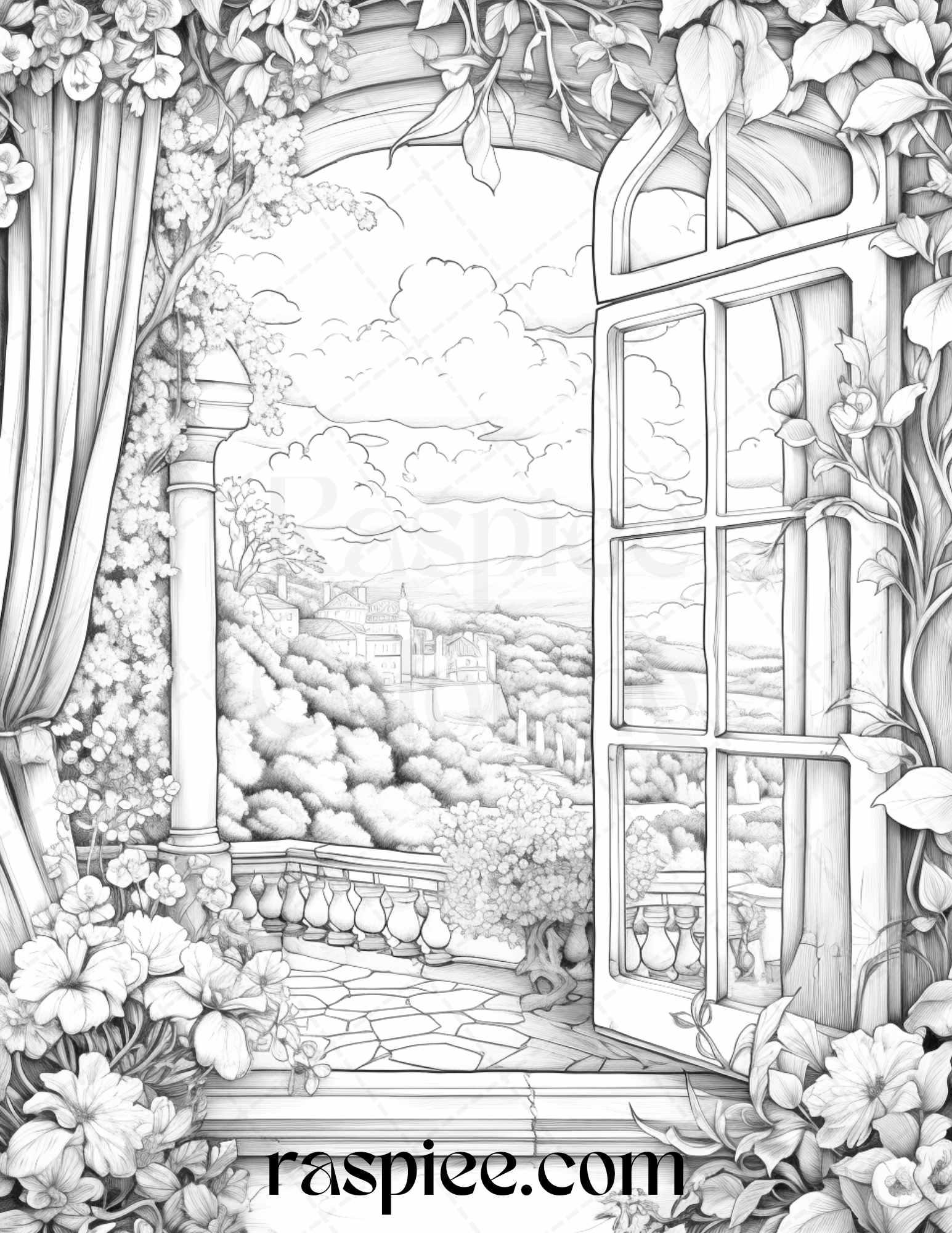 50 Blooming Windows Grayscale Coloring Pages Printable for Adults, PDF File Instant Download