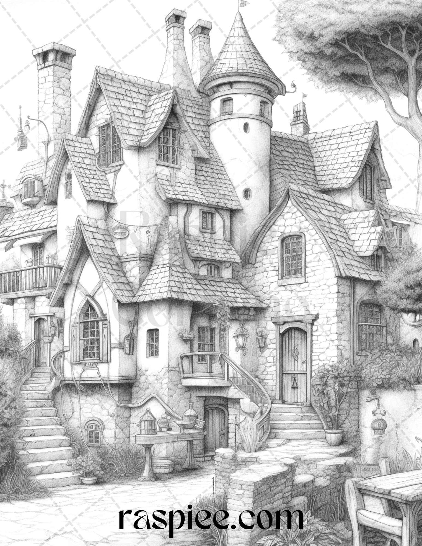 40 Fantasy Village Grayscale Coloring Pages Printable for Adults, PDF File Instant Download