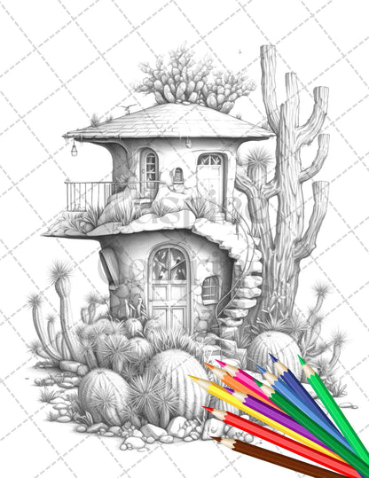 46 Fantasy Cactus Houses Grayscale Coloring Pages Printable for Adults, PDF File Instant Download