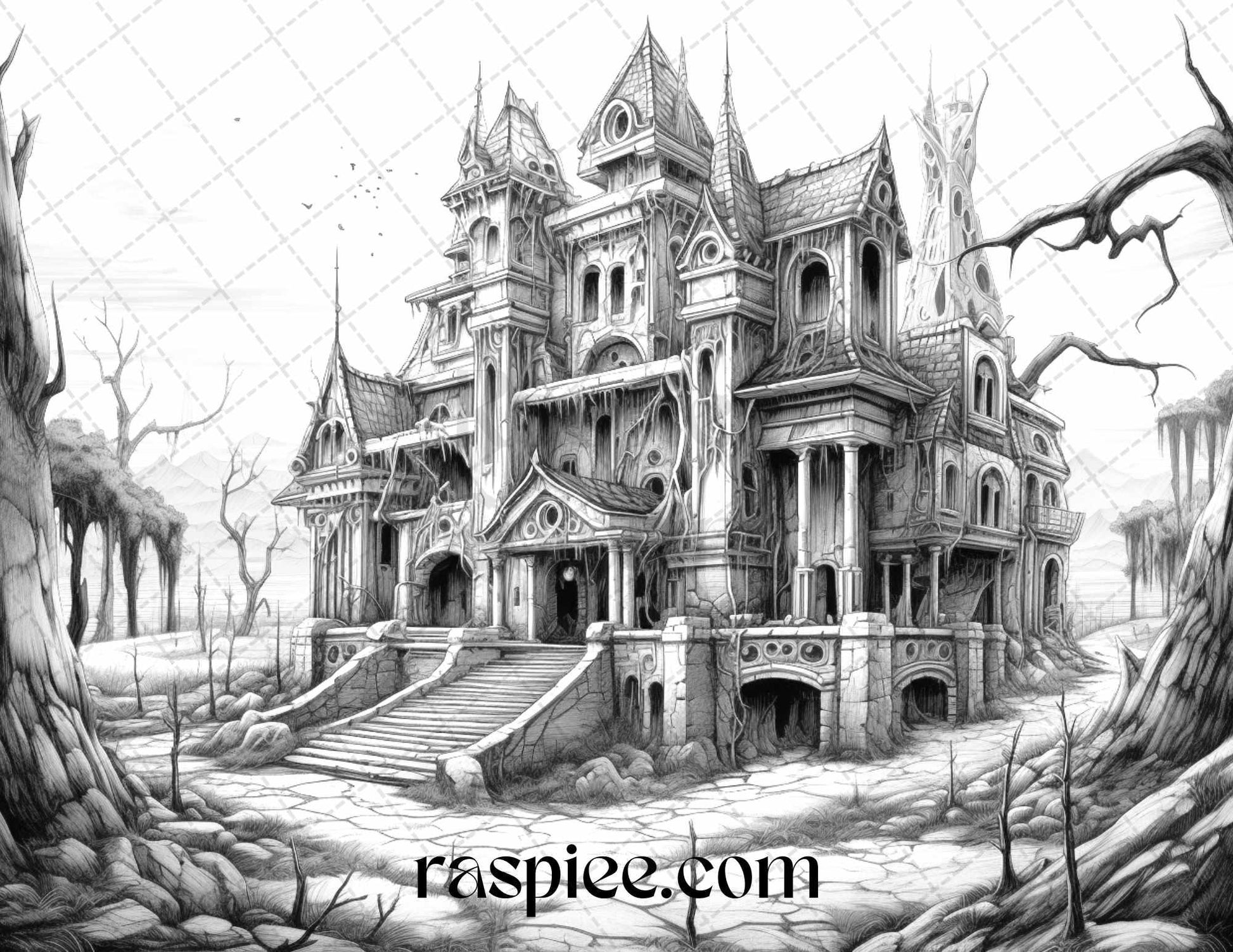 40 Halloween Landscapes Grayscale Coloring Pages Printable for Adults, PDF File Instant Download