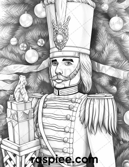 40 Christmas Nutcrackers Grayscale Coloring Pages for Adults, Printable PDF File Instant Download