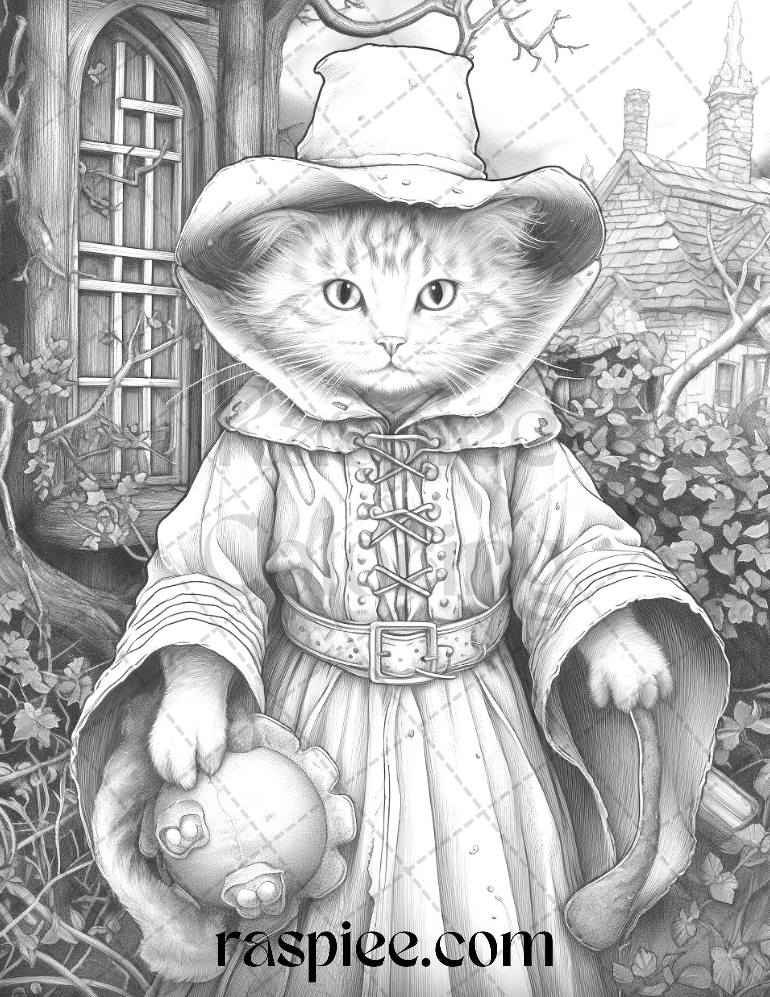 40 Halloween Witch Cat Grayscale Coloring Pages Printable for Adults, PDF File Instant Download