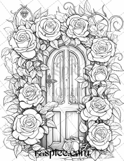 40 Flower Fairy Doors Grayscale Coloring Pages Printable for Adults, PDF File Instant Download