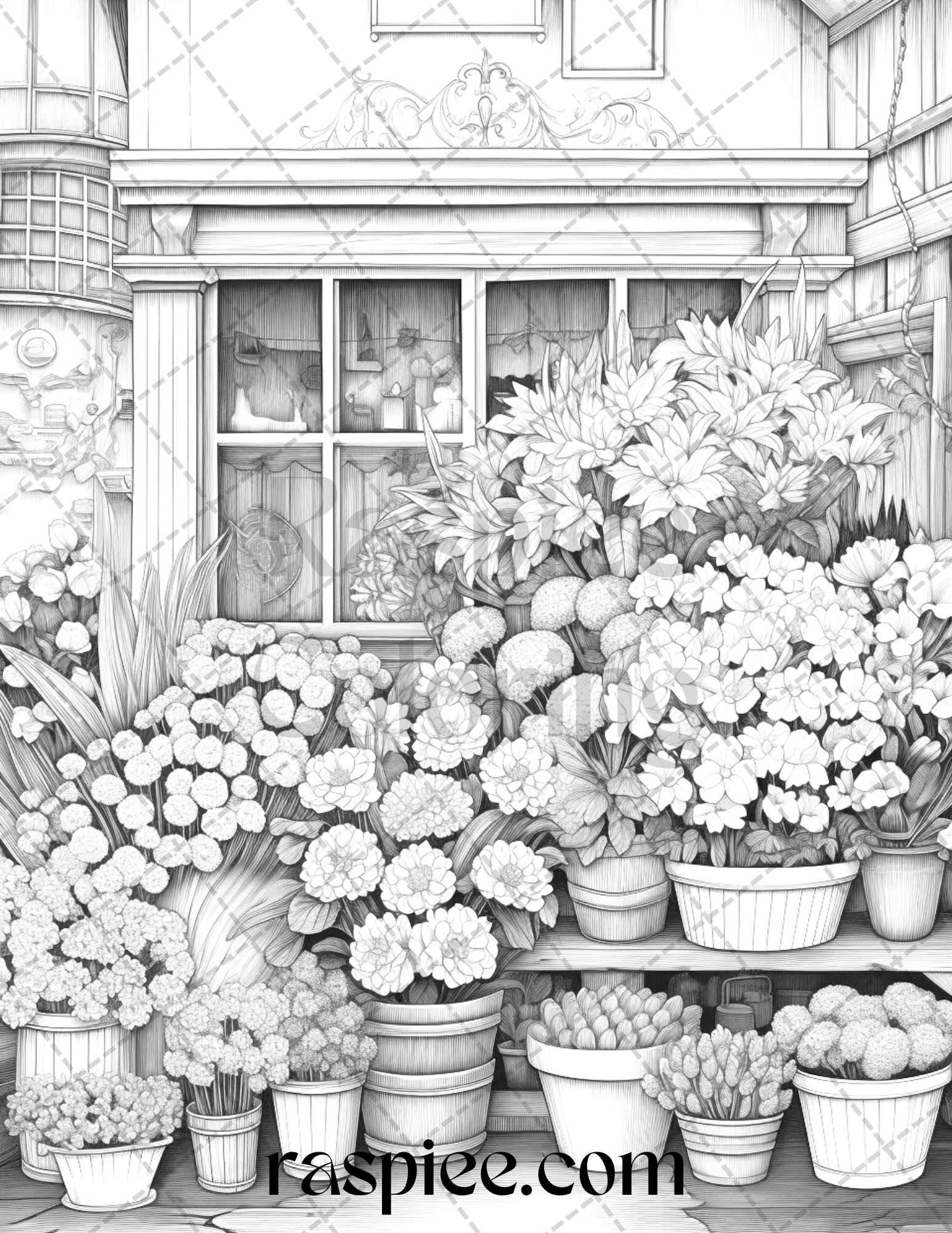 45 Flower Store Front Grayscale Coloring Pages Printable for Adults, PDF File Instant Download