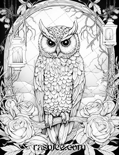 40 Floral Owl Grayscale Printable Coloring Pages for Adults, PDF File Instant Download