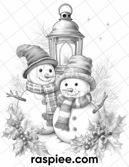 40 Chistmas Snowman Grayscale Coloring Pages for Adults, Printable PDF Instant Download