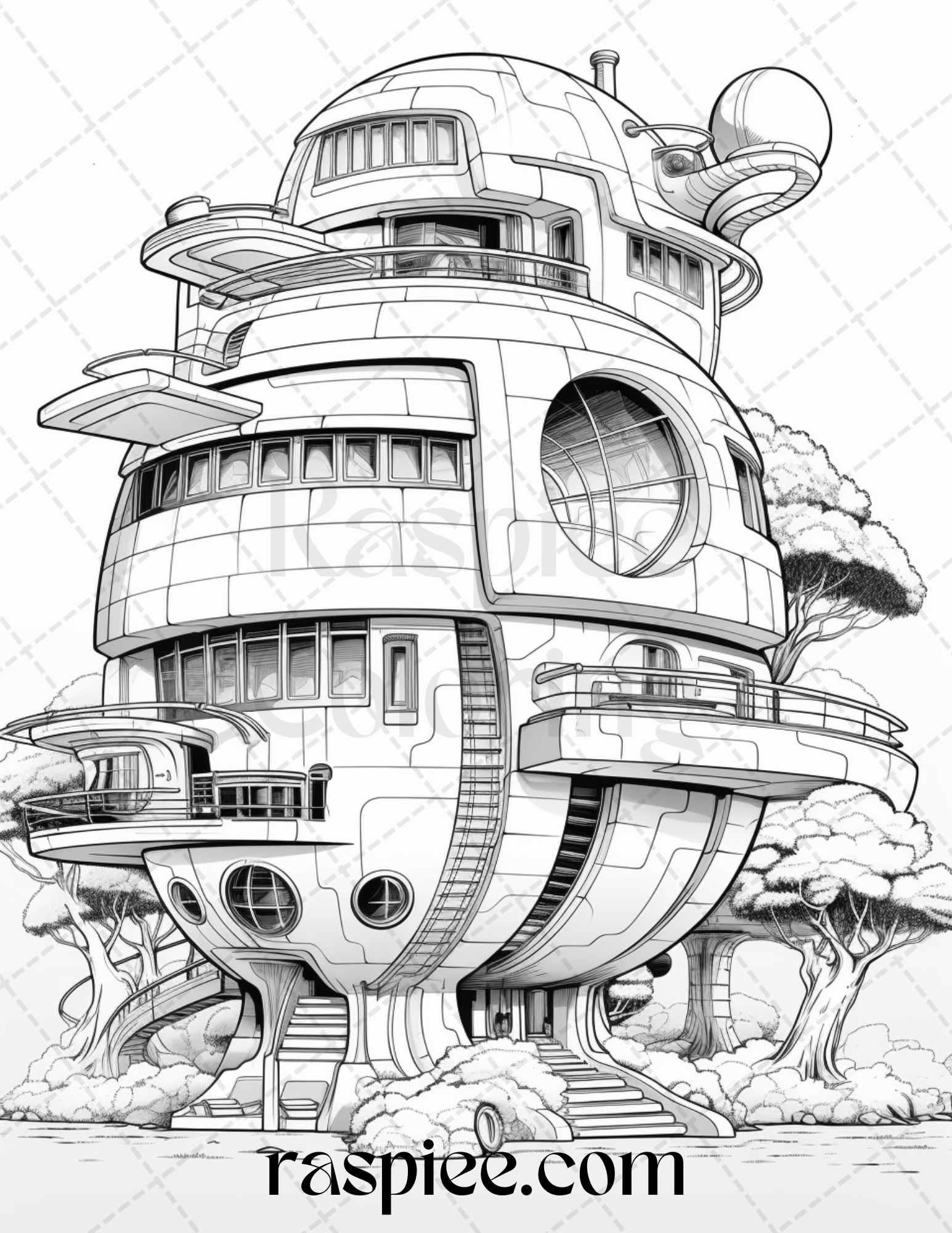 43 Futuristic Houses Grayscale Coloring Pages Printable for Adults, PDF File Instant Download