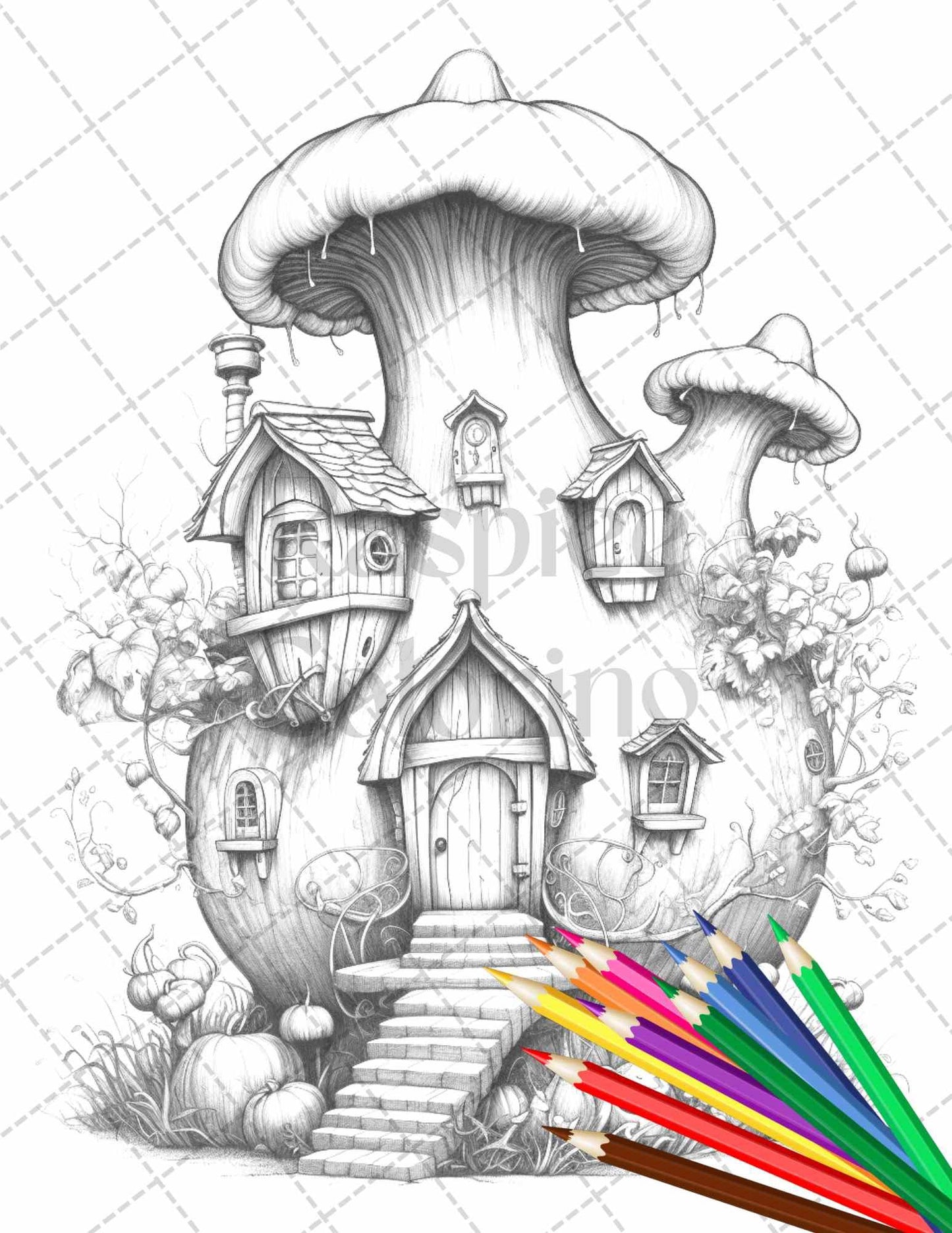 40 Pumpkin Fairy Houses Grayscale Coloring Pages Printable for Adults, PDF File Instant Download