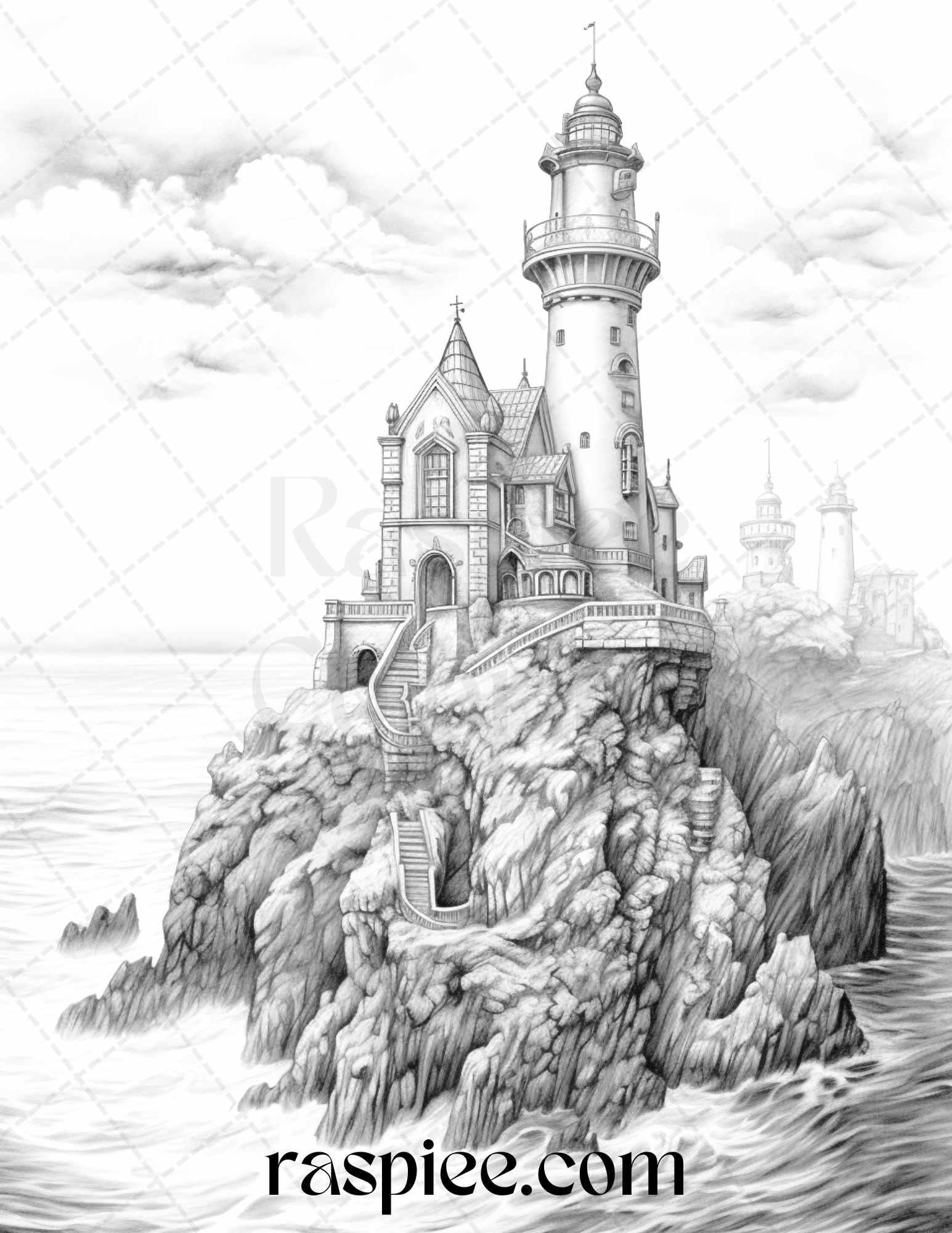 40 Majestic Lighthouses Grayscale Coloring Pages Printable for Adults, PDF File Instant Download