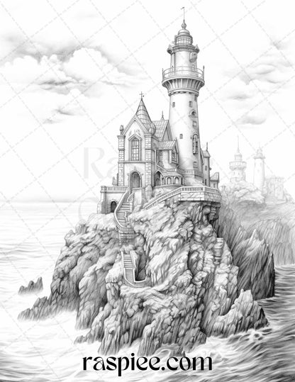 40 Majestic Lighthouses Grayscale Coloring Pages Printable for Adults, PDF File Instant Download