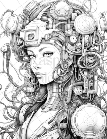 40 Beautiful Cyborg Girls Grayscale Coloring Pages Printable for Adults, PDF File Instant Download