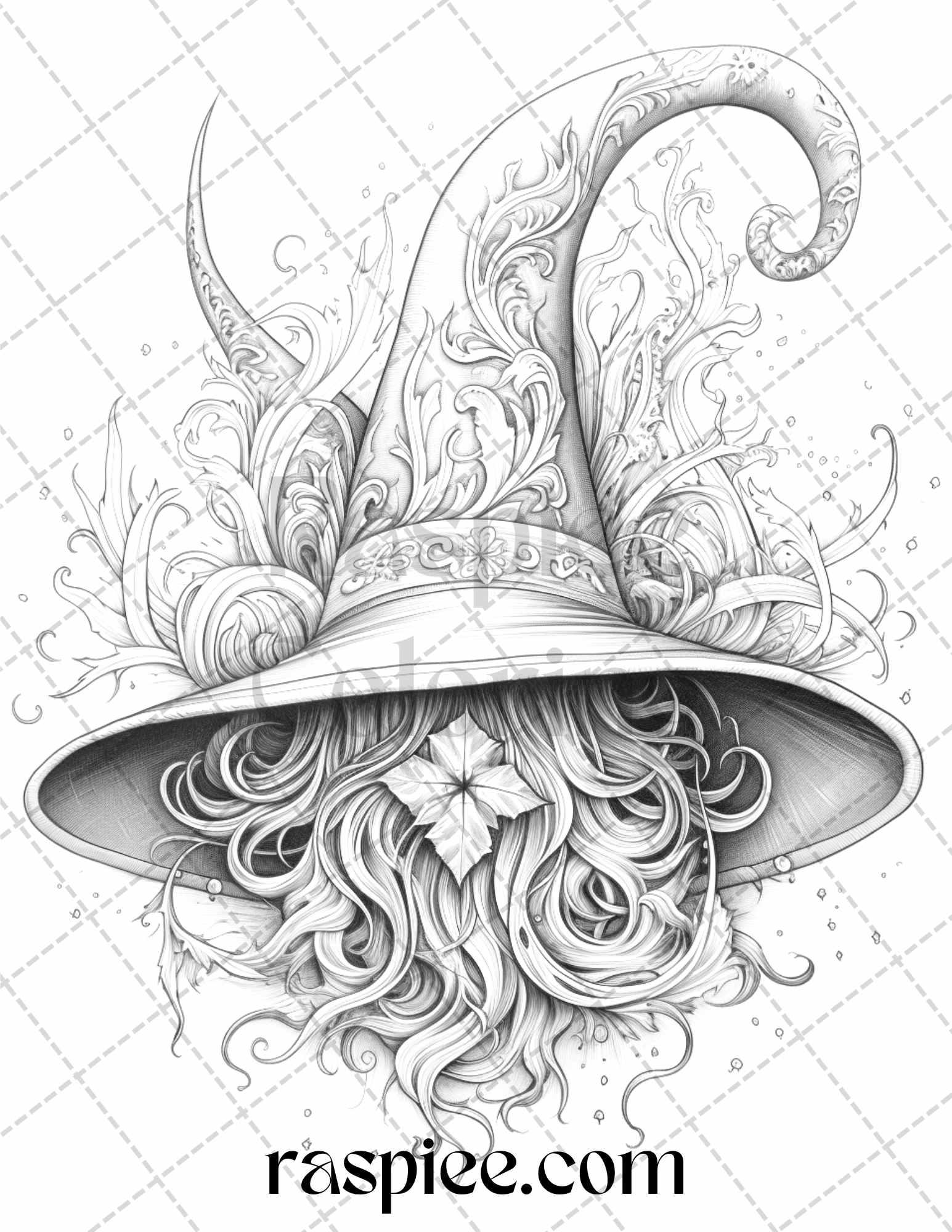 40 Witchy Wonders Grayscale Coloring Pages Printable for Adults, PDF File Instant Download