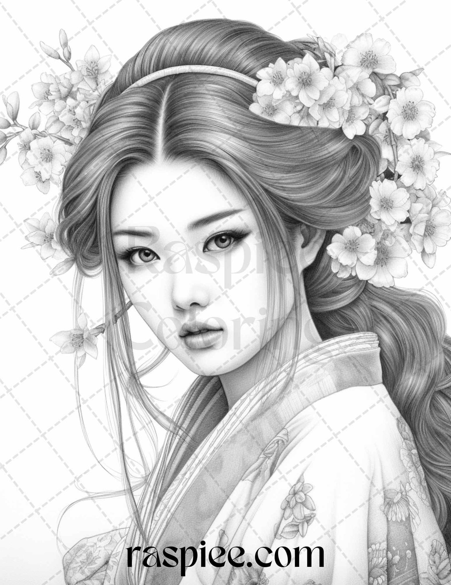 40 Beautiful Japanese Girls Grayscale Coloring Pages Printable for Adults, PDF File Instant Download