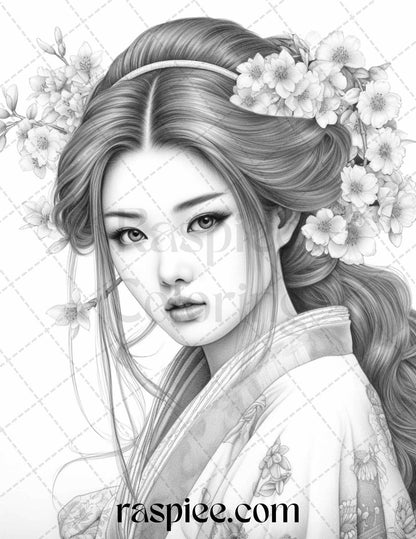 40 Beautiful Japanese Girls Grayscale Coloring Pages Printable for Adults, PDF File Instant Download