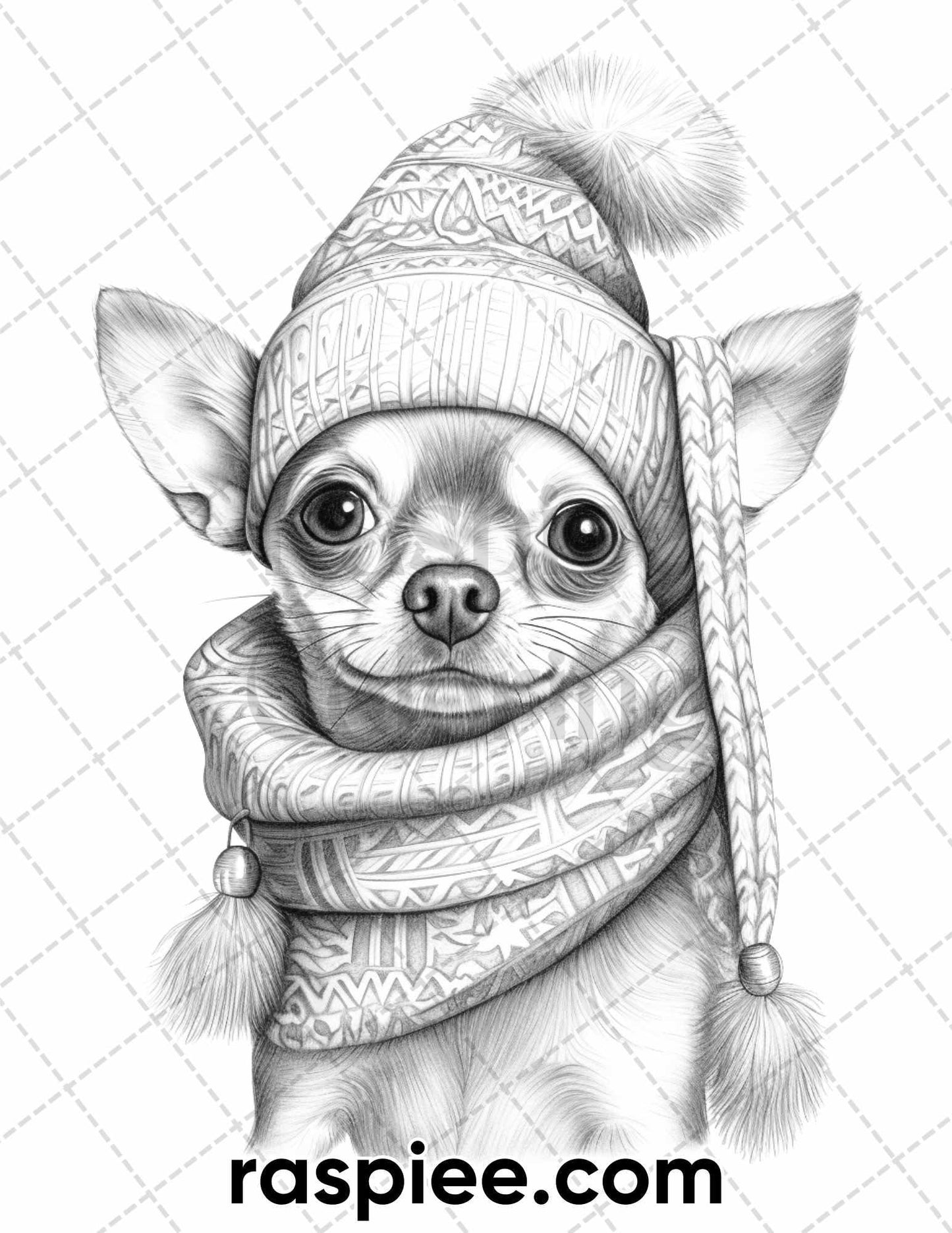 45 Christmas Dogs Grayscale Coloring Pages for Adults, Printable PDF Instant Download