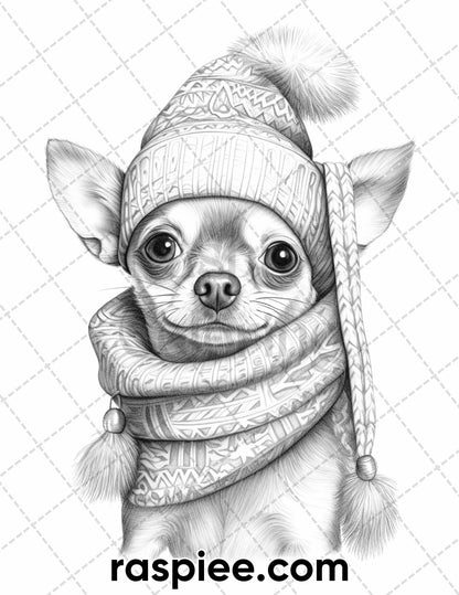 45 Christmas Dogs Grayscale Coloring Pages for Adults, Printable PDF Instant Download