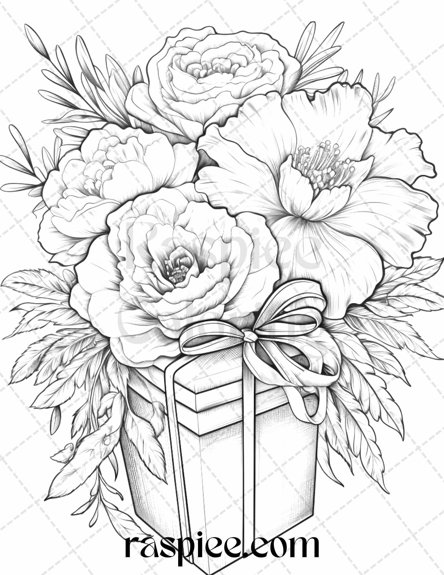 40 Flower Gift Box Grayscale Coloring Pages Printable for Adults Kids, PDF File Instant Download