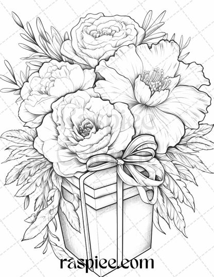 40 Flower Gift Box Grayscale Coloring Pages Printable for Adults Kids, PDF File Instant Download