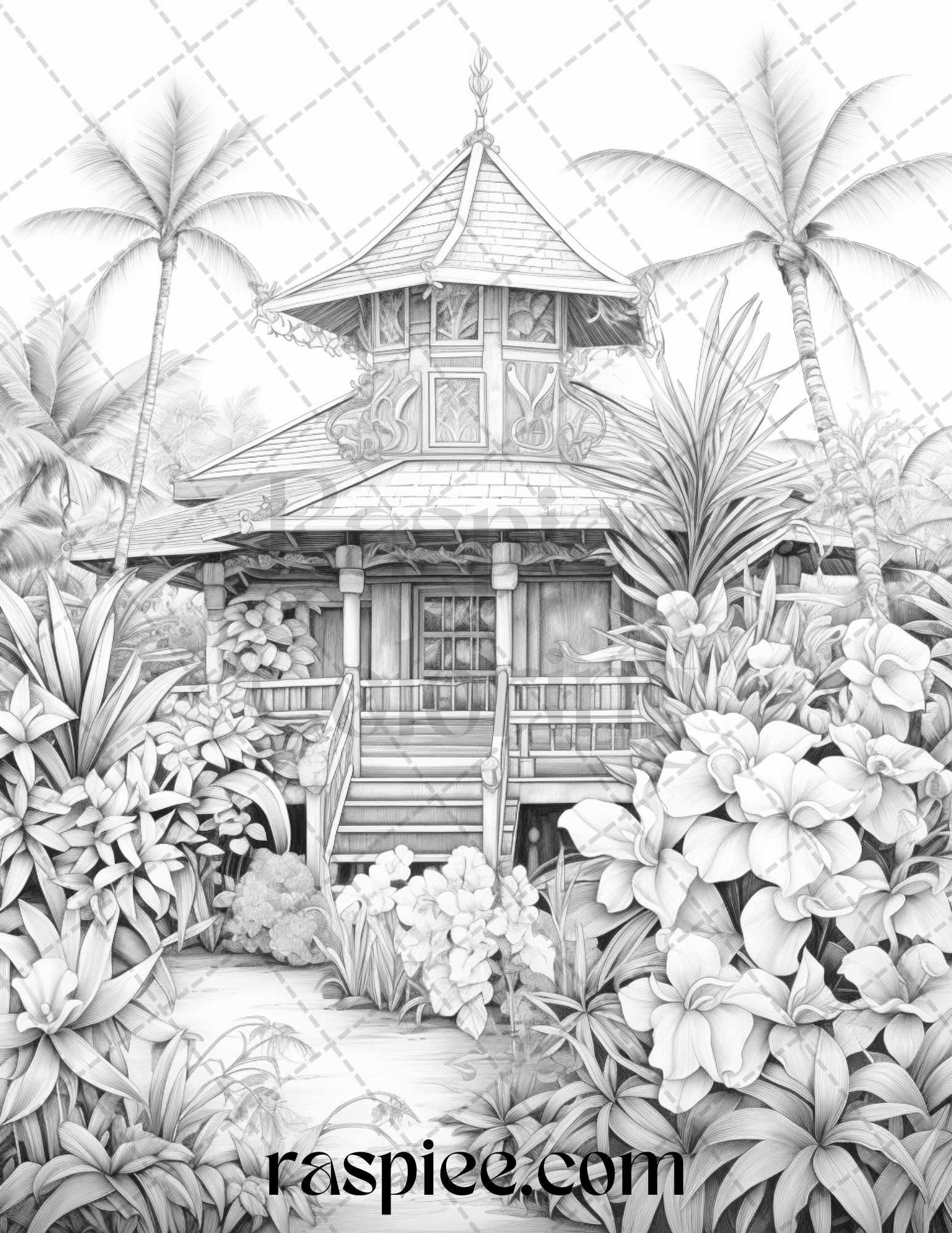 40 Hawaii Tiki Houses Grayscale Coloring Pages Printable for Adults, PDF File Instant Download