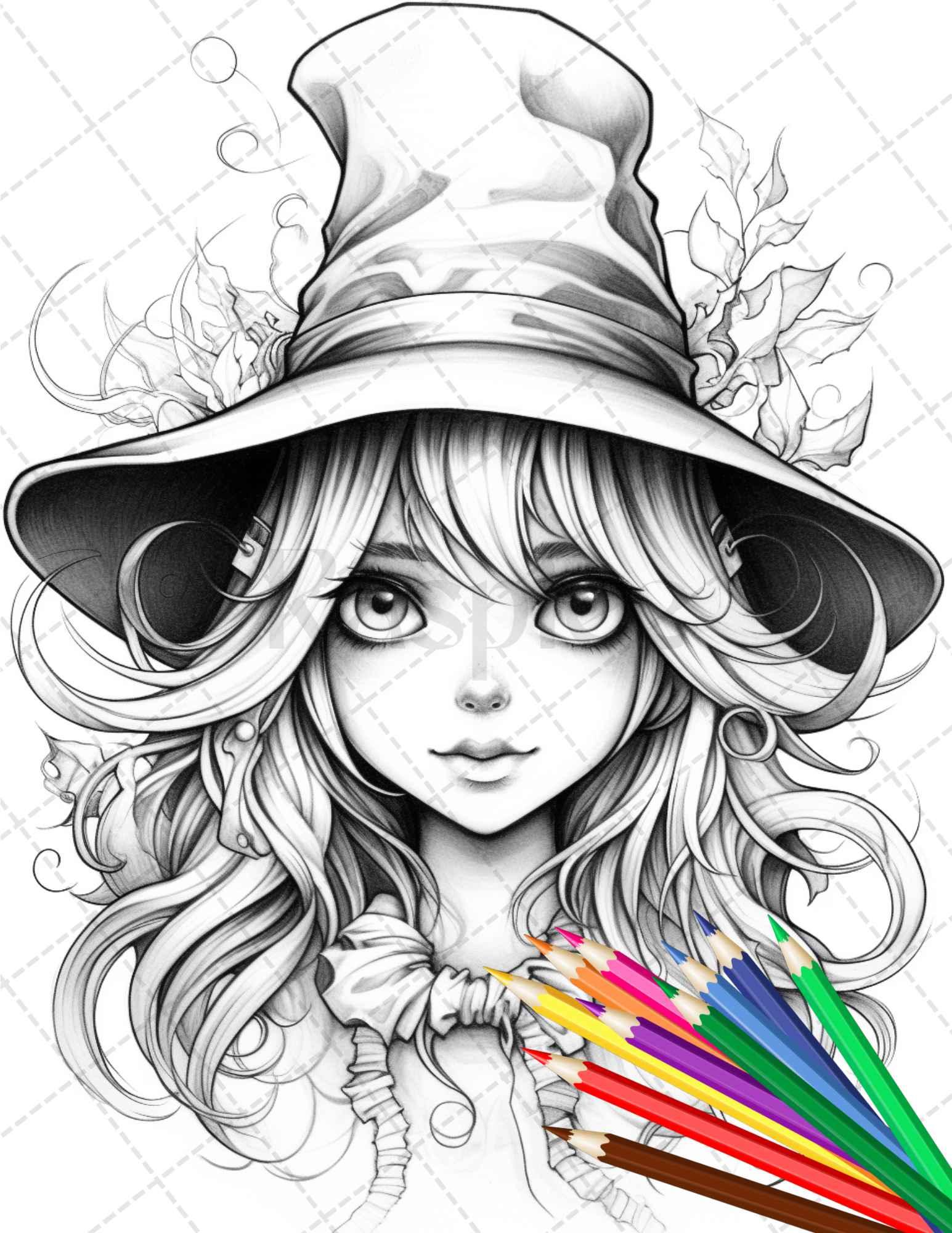 40 Cute Witches Coloring Pages Printable for Adults, Grayscale Coloring Page, PDF File Instant Download