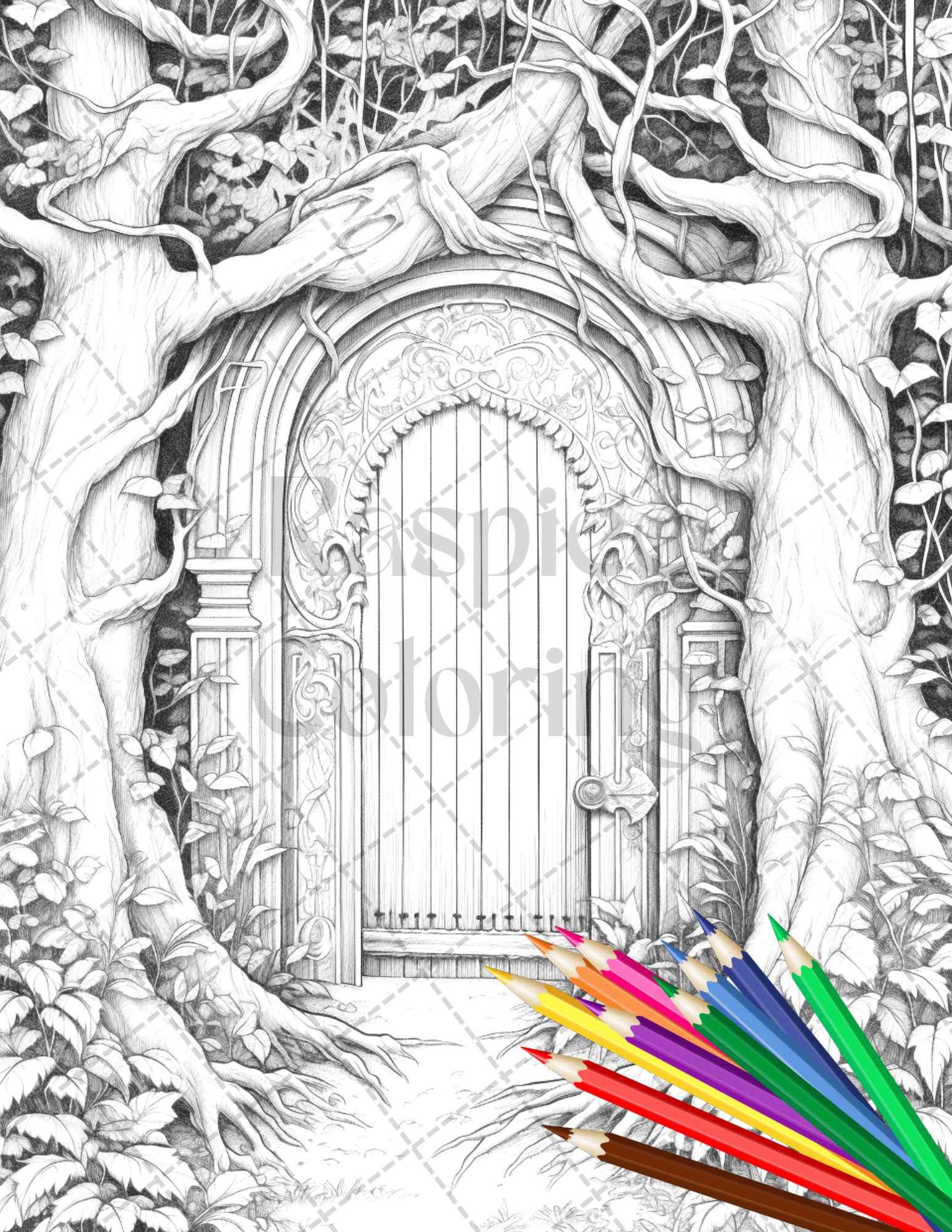 40 Magical Forest Gates Grayscale Coloring Pages Printable for Adults, PDF File Instant Download