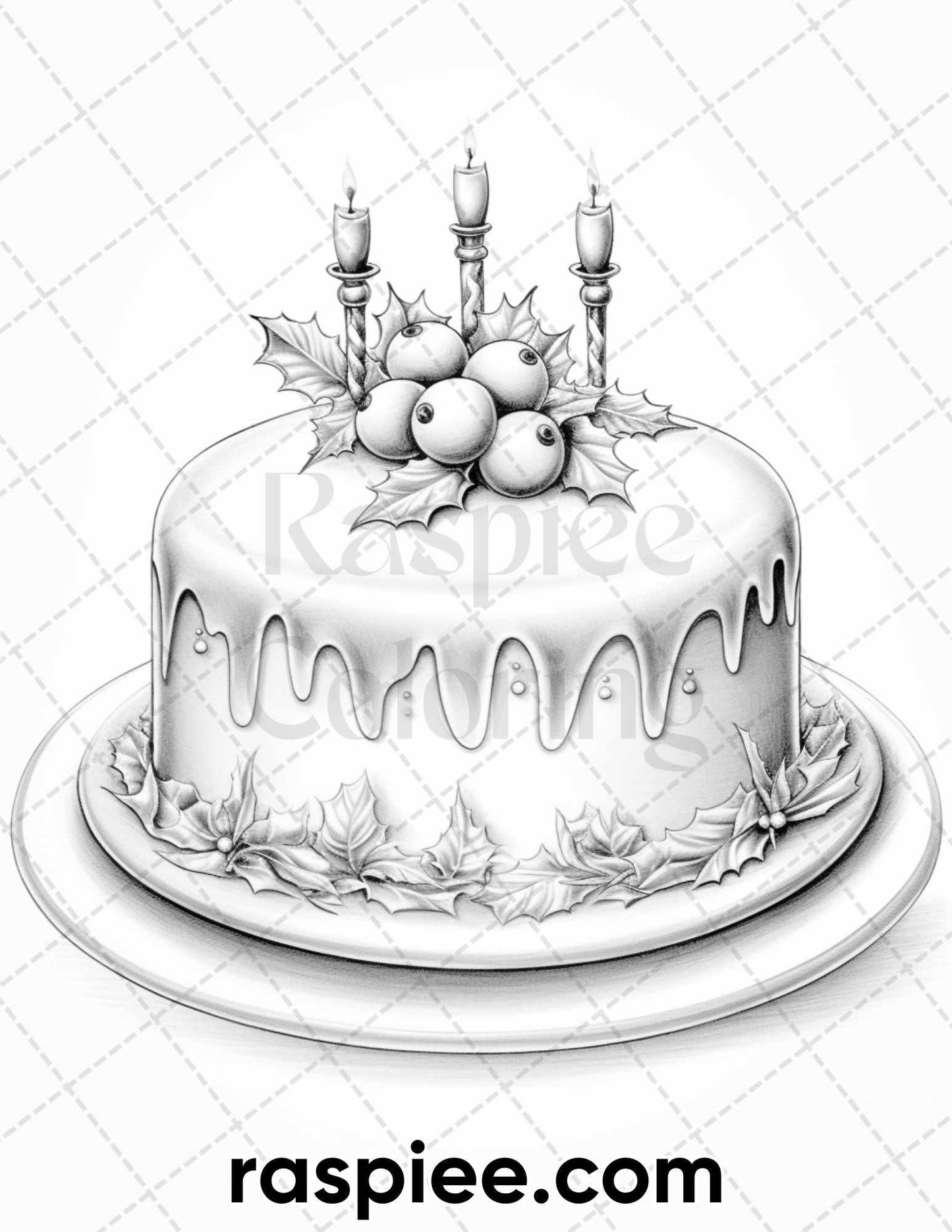 45 Christmas Cakes Grayscale Coloring Pages for Adults, Printable PDF File Instant Download