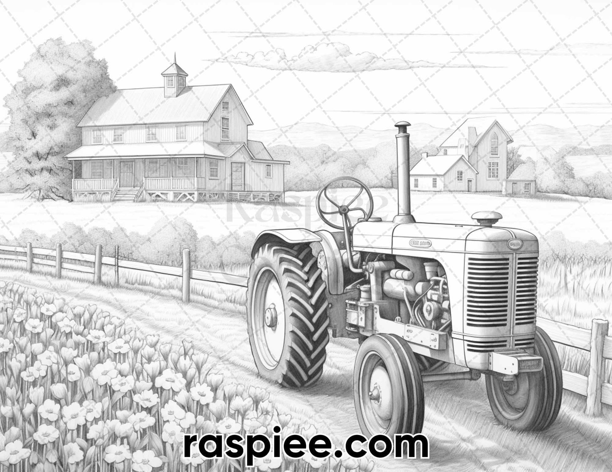 40 Spring Farm Life Grayscale Adult Coloring Pages, Printable PDF Instant Download