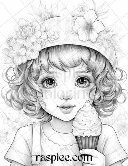 42 Adorable Girls with Ice Cream Grayscale Coloring Pages Printable for Adults Kids, PDF File Instant Download