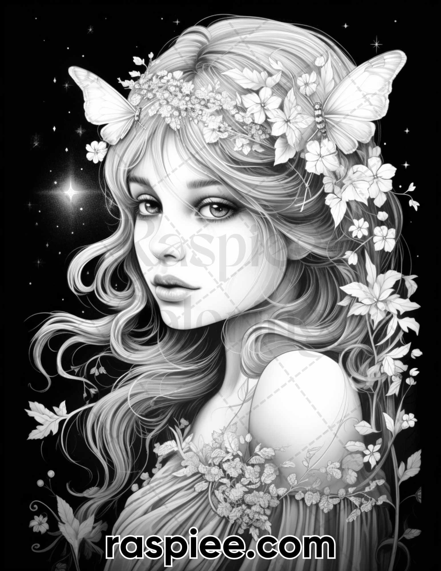 50 Starlight Fairy Grayscale Coloring Pages for Adults, Printable PDF File Instant Download