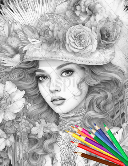 43 Beautiful Victorian Women Grayscale Coloring Pages Printable for Adults, PDF File Instant Download