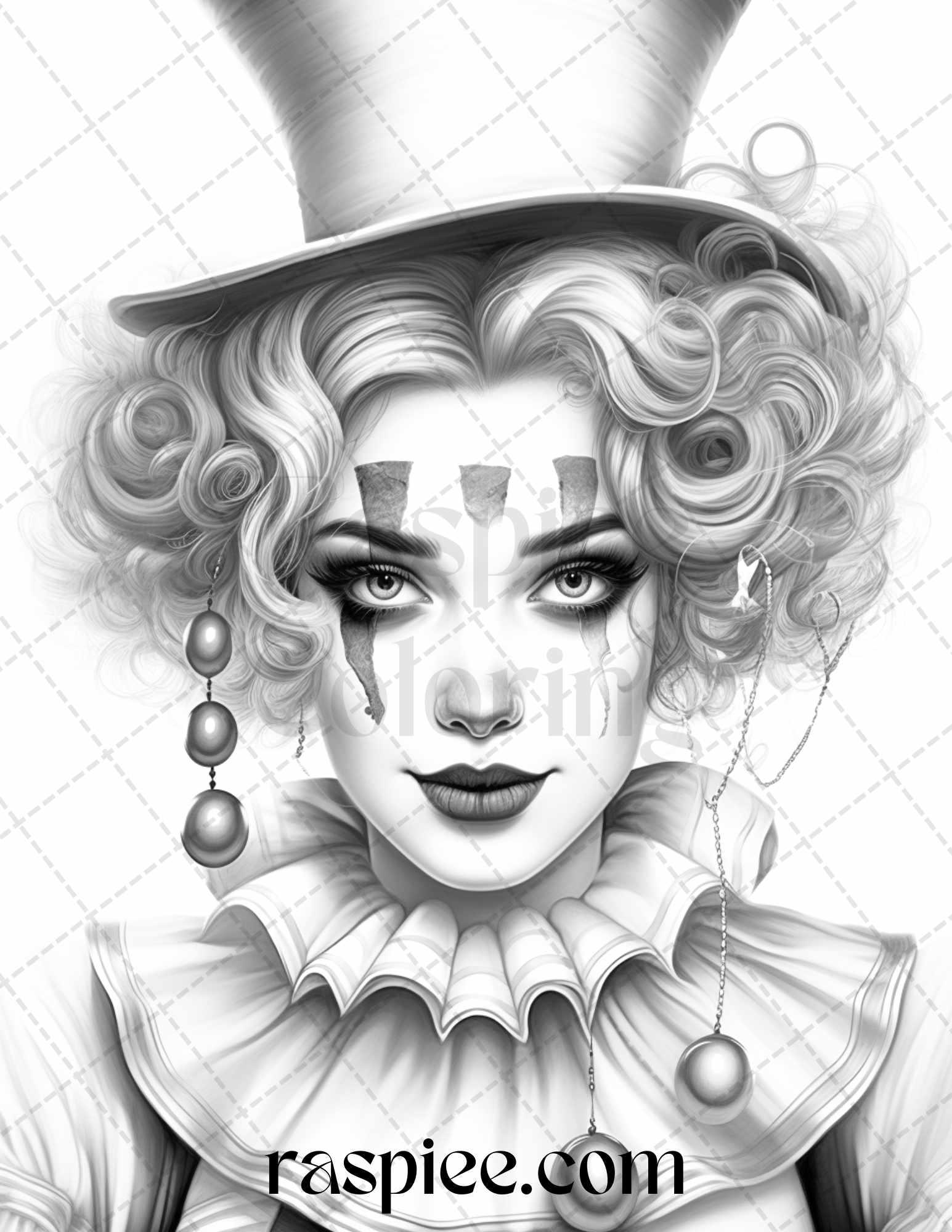 42 Beautiful Clown Girls Grayscale Coloring Pages Printable for Adults, PDF File Instant Download