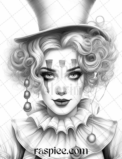 42 Beautiful Clown Girls Grayscale Coloring Pages Printable for Adults, PDF File Instant Download