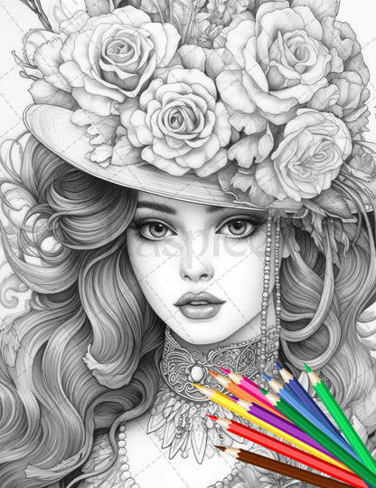 43 Beautiful Victorian Women Grayscale Coloring Pages Printable for Adults, PDF File Instant Download