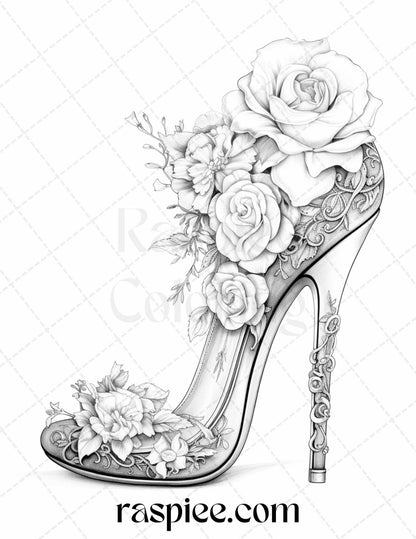 40 Flower Wedding Shoes Grayscale Coloring Pages Printable for Adults, PDF File Instant Download