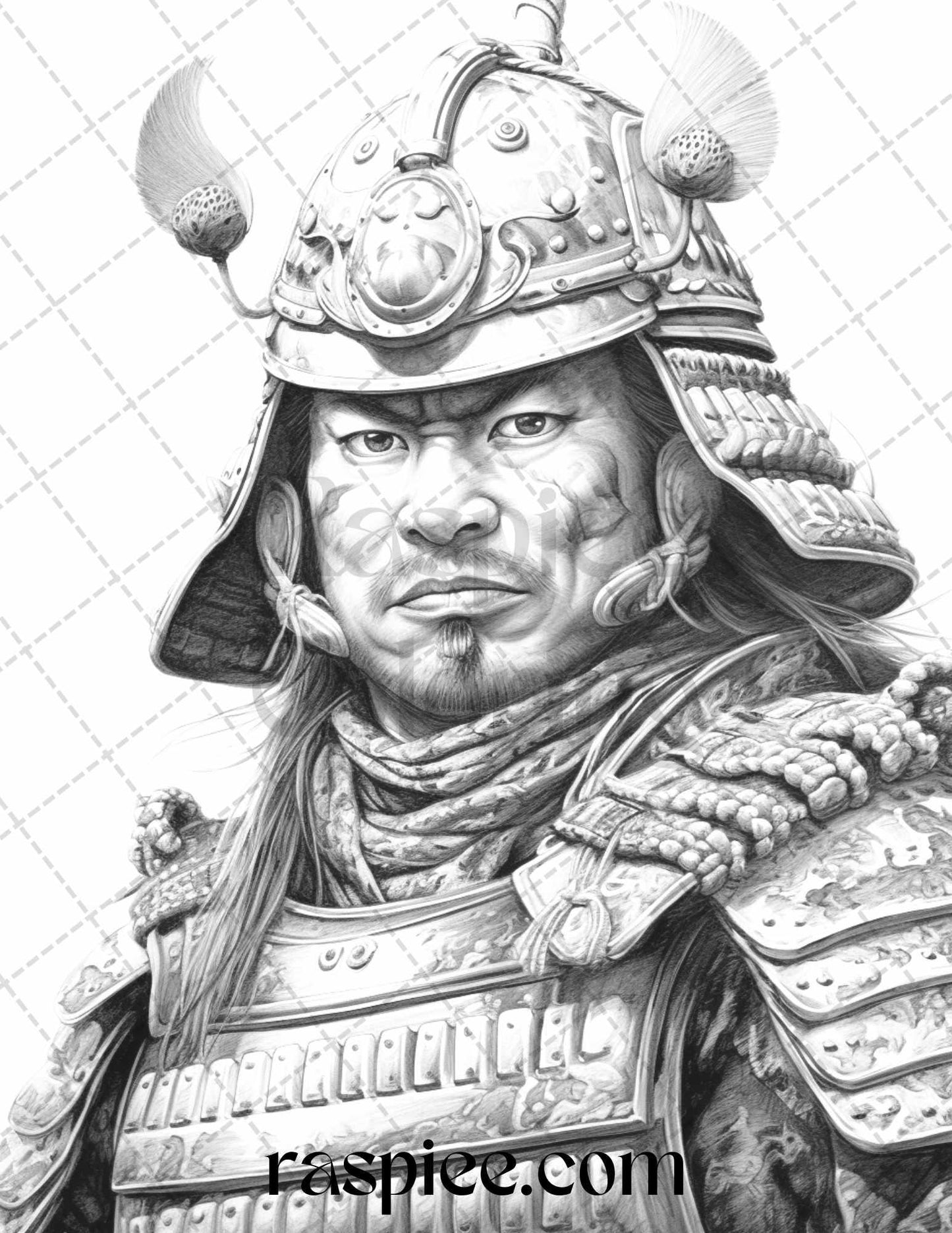 42 Japanese Samurai Grayscale Coloring Pages for Adults, Printable PDF File Instant Download