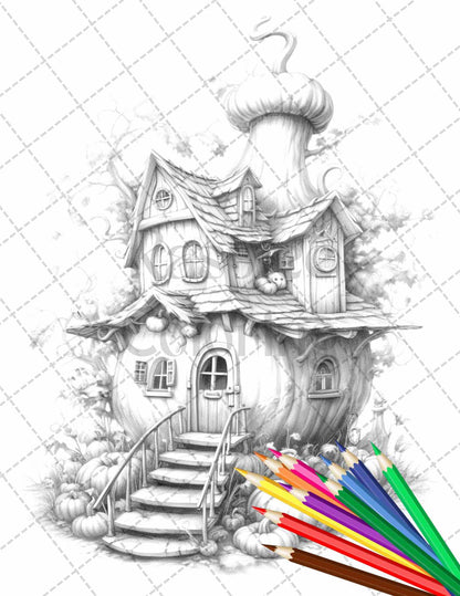 40 Pumpkin Fairy Houses Grayscale Coloring Pages Printable for Adults, PDF File Instant Download