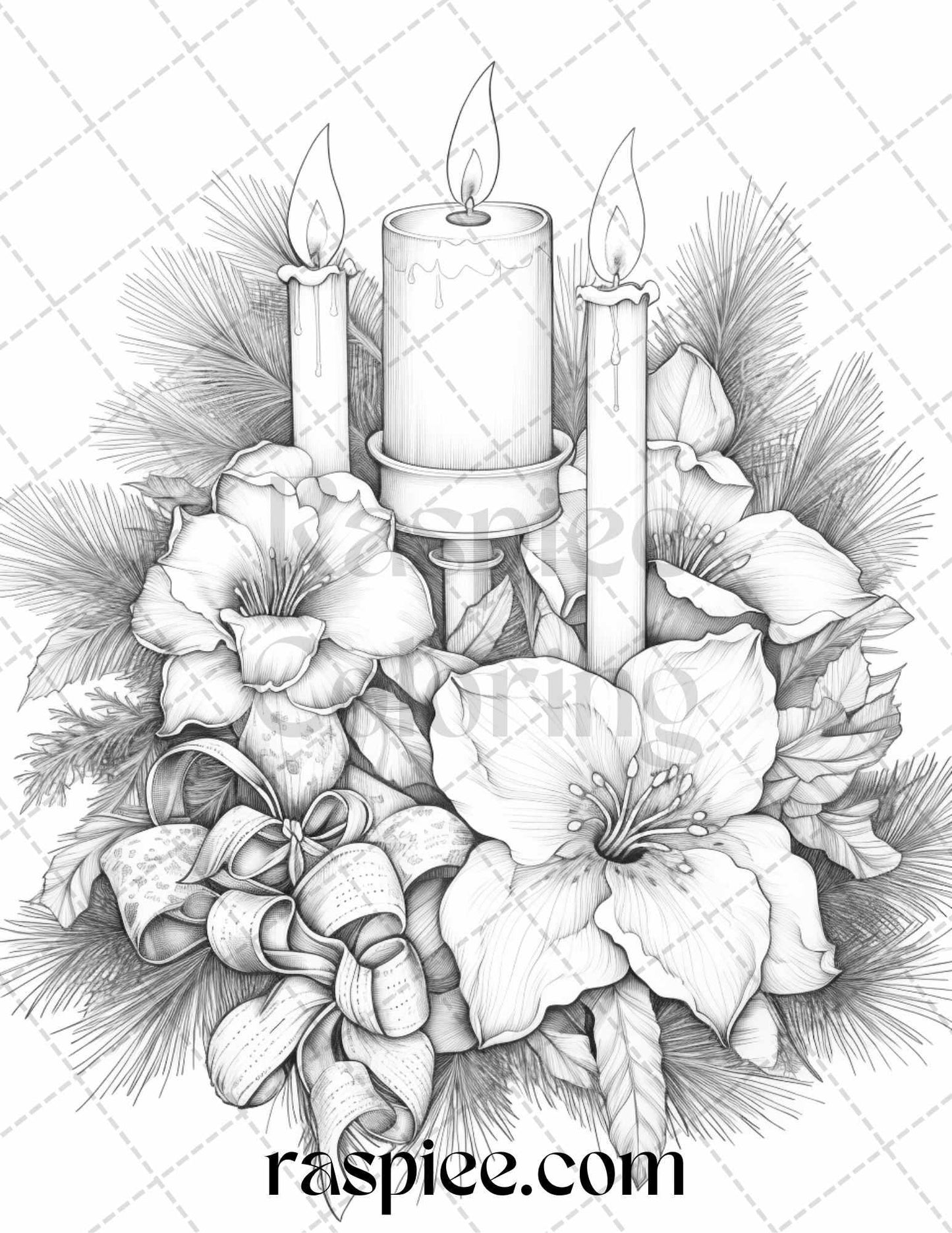 45 Christmas Flowers Grayscale Coloring Pages Printable for Adults, PDF File Instant Download