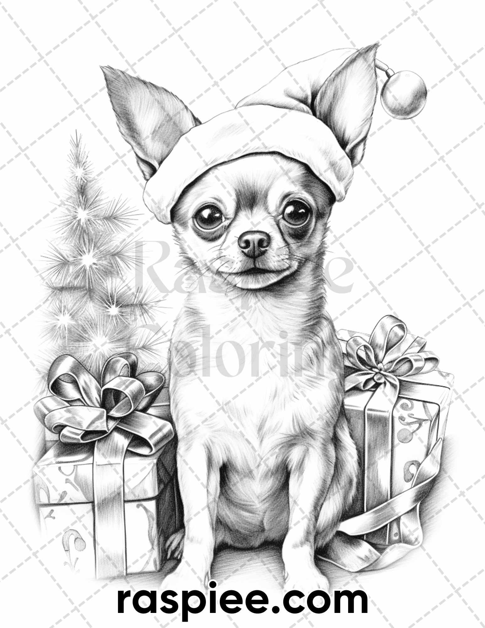 45 Christmas Dogs Grayscale Coloring Pages for Adults, Printable PDF Instant Download