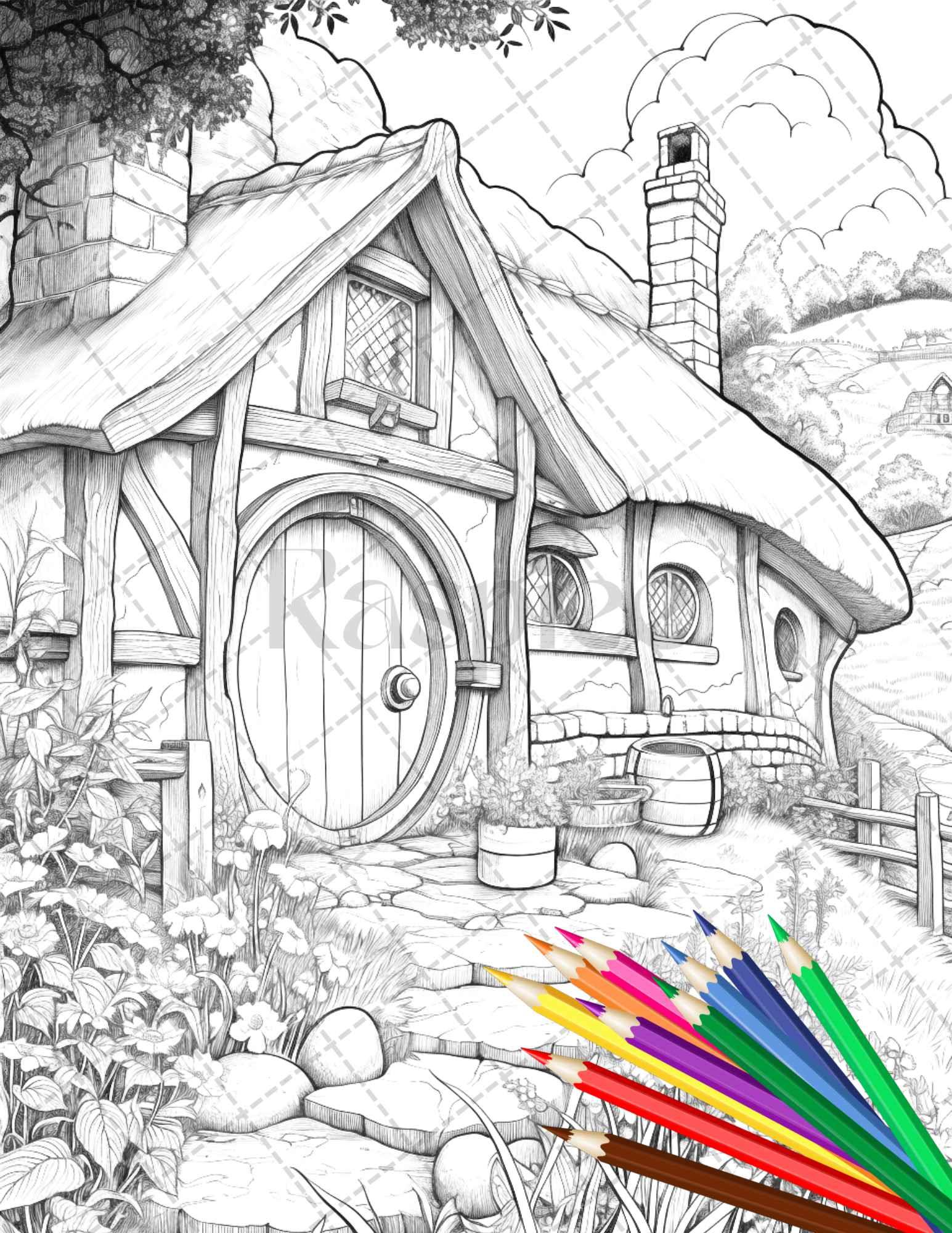 43 Enchanted Hobbiton Houses Grayscale Coloring Pages Printable for Adults, PDF File Instant Download