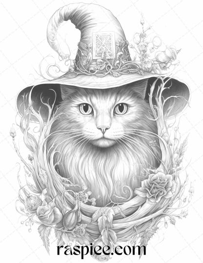 40 Witchy Land Grayscale Coloring Pages Printable for Adults, PDF File Instant Download