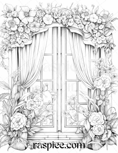 50 Blooming Windows Grayscale Coloring Pages Printable for Adults, PDF File Instant Download