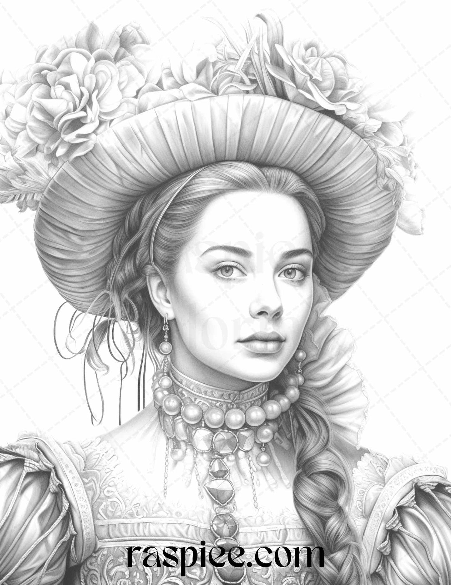 40 Baroque Women Portrait Grayscale Adult Coloring Pages Printable, PDF File Instant Download