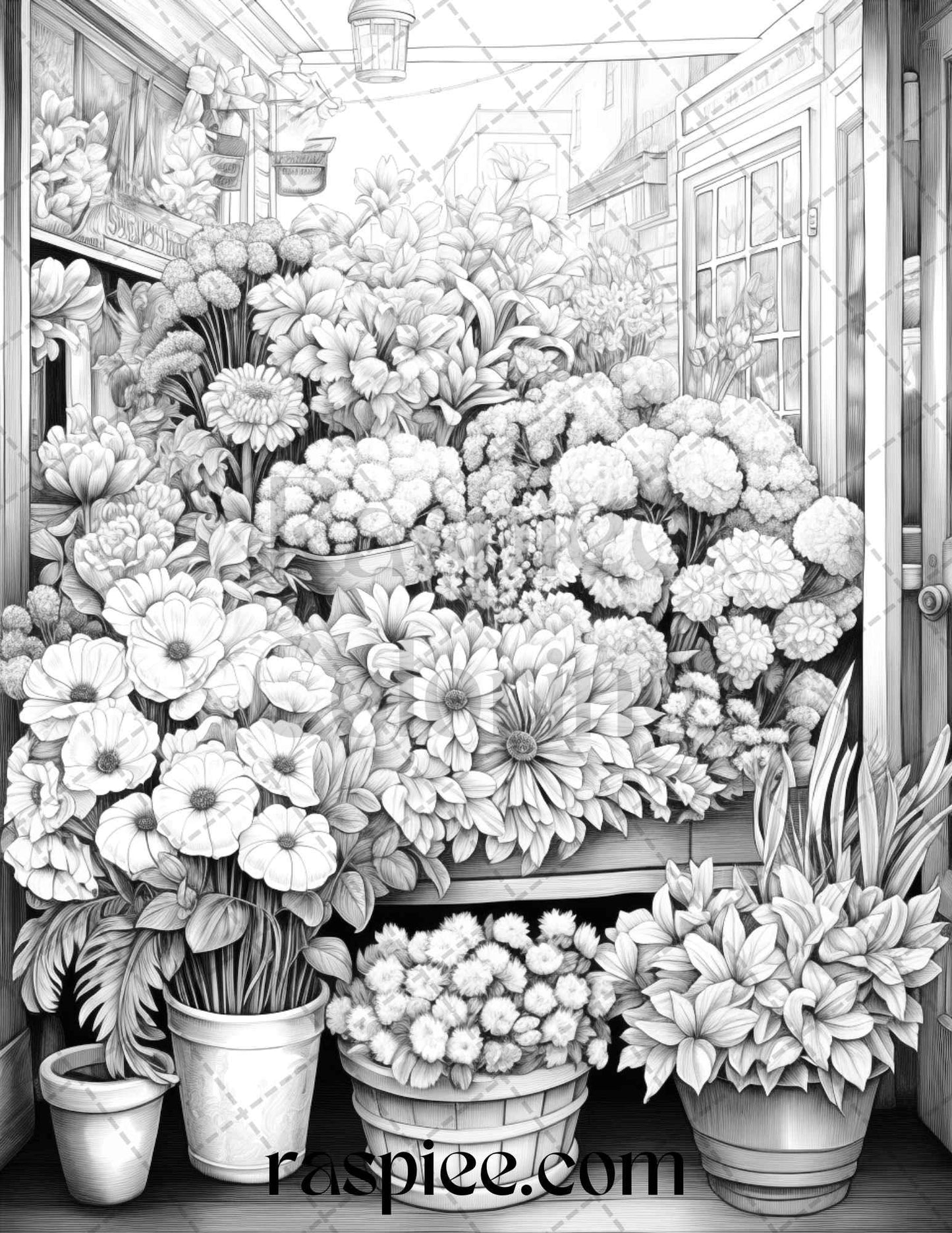 45 Flower Store Front Grayscale Coloring Pages Printable for Adults, PDF File Instant Download