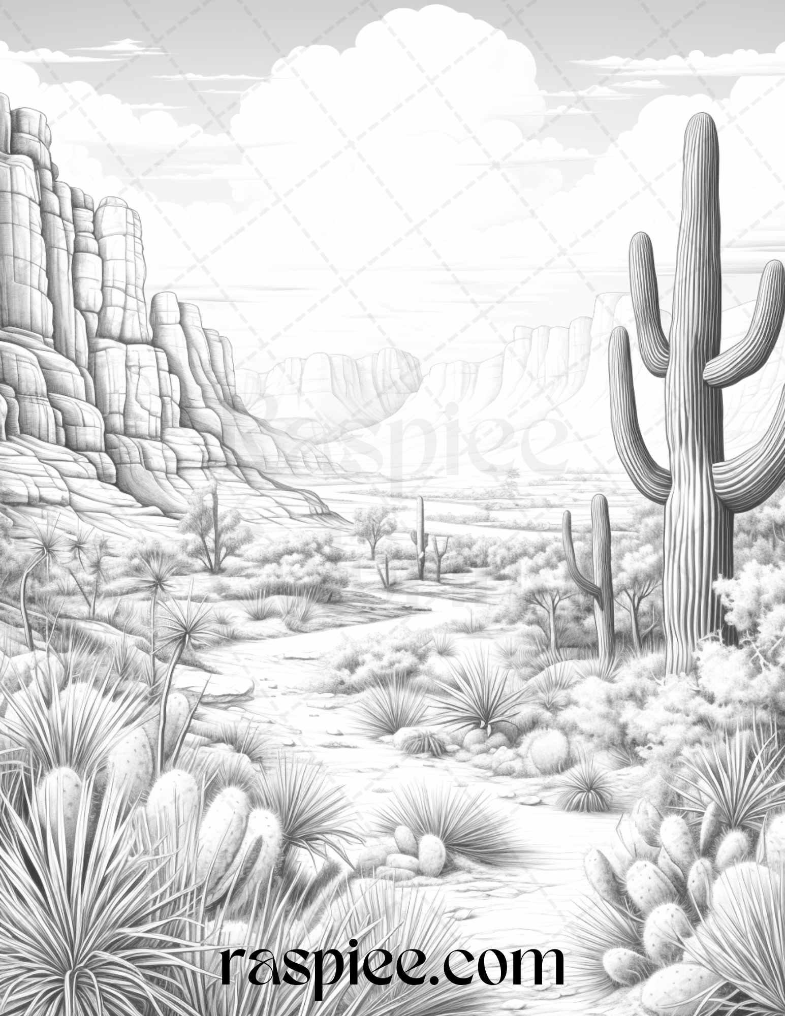 40 Desert Landscapes Grayscale Coloring Pages Printable for Adults, PDF File Instant Download