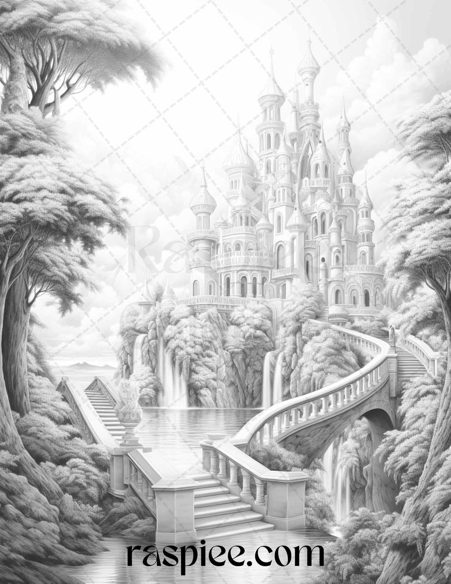 40 Fantasy Landscapes Grayscale Coloring Pages Printable for Adults, PDF File Instant Download