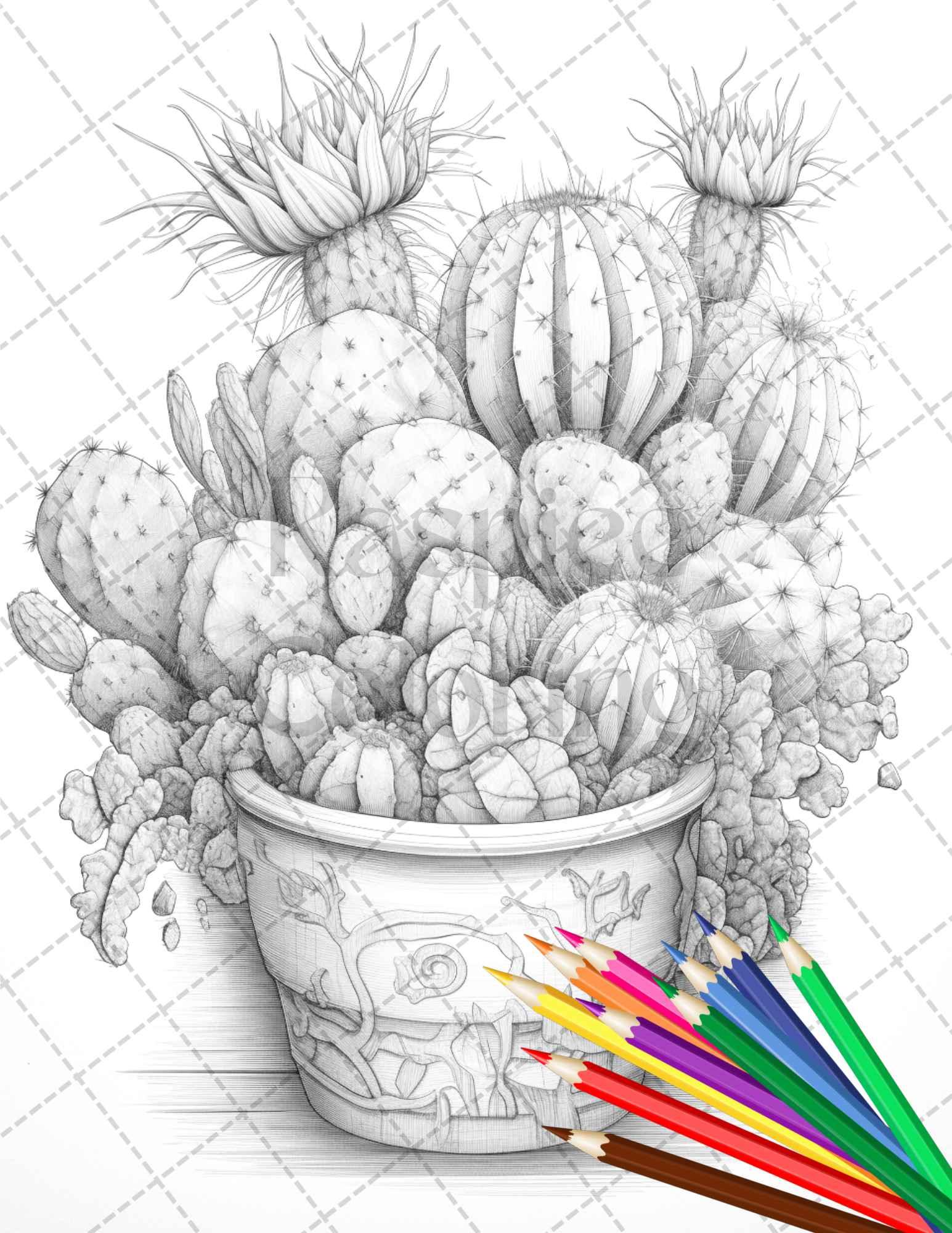 40 Charming Cactus Pots Grayscale Coloring Pages Printable for Adults, PDF File Instant Download