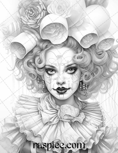 42 Beautiful Clown Girls Grayscale Coloring Pages Printable for Adults, PDF File Instant Download