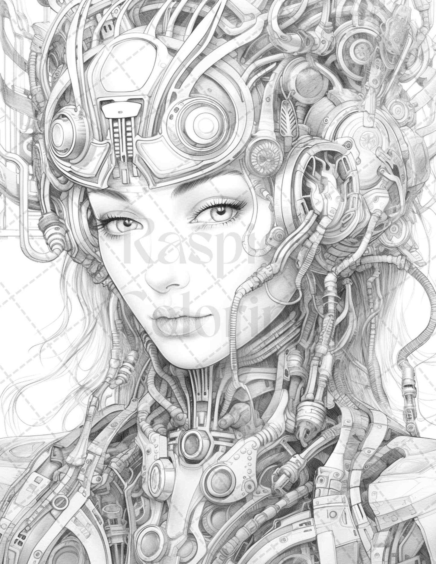 40 Beautiful Cyborg Girls Grayscale Coloring Pages Printable for Adults, PDF File Instant Download